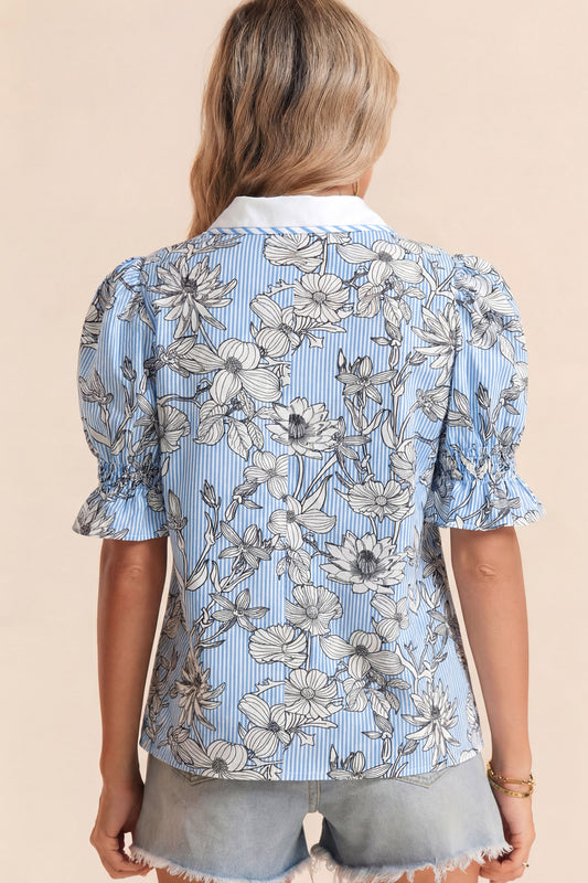 Sky Blue Floral Striped Printed Polo Collar Short Sleeve Blouse 13c2c7a90be2d575