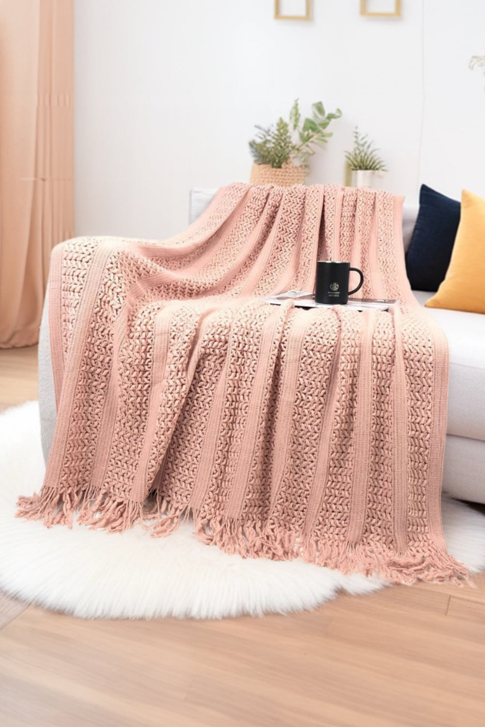 Dusty Pink Hollow Sofa Blanket with Tassel 13c4b88cfee42519
