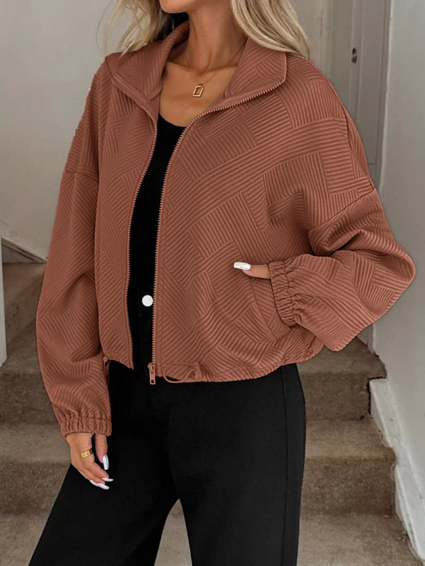 Drawstring Hem Textured Long Sleeve Jacket 13c4f5b225f74a3cb4adacf0775ba630-Max-Origin