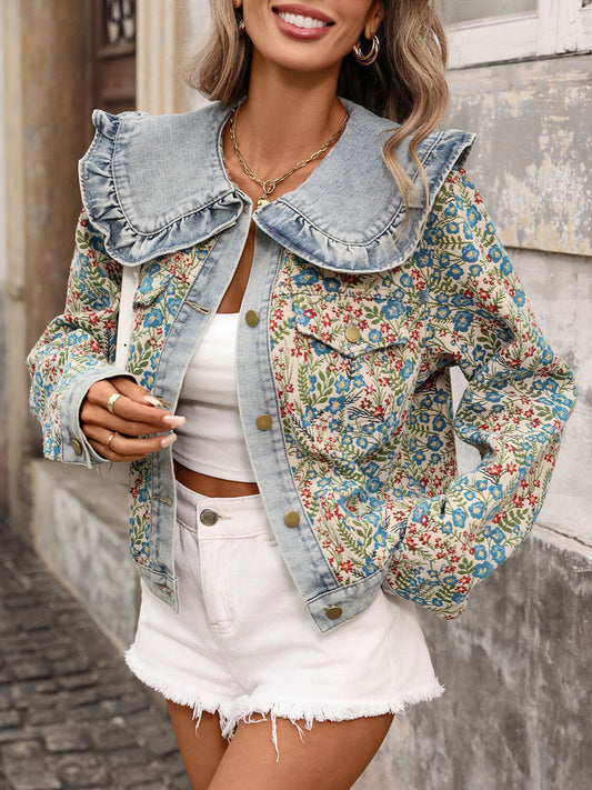 New Women's Jacquard Long-sleeved Ruffled Peter Pan Collar Single-breasted Short Denim Jacket, Stylish And Versatile, Suitable For Everyday Wear. 13c89fa5-4989-4ff7-aa43-c5d33461bec0