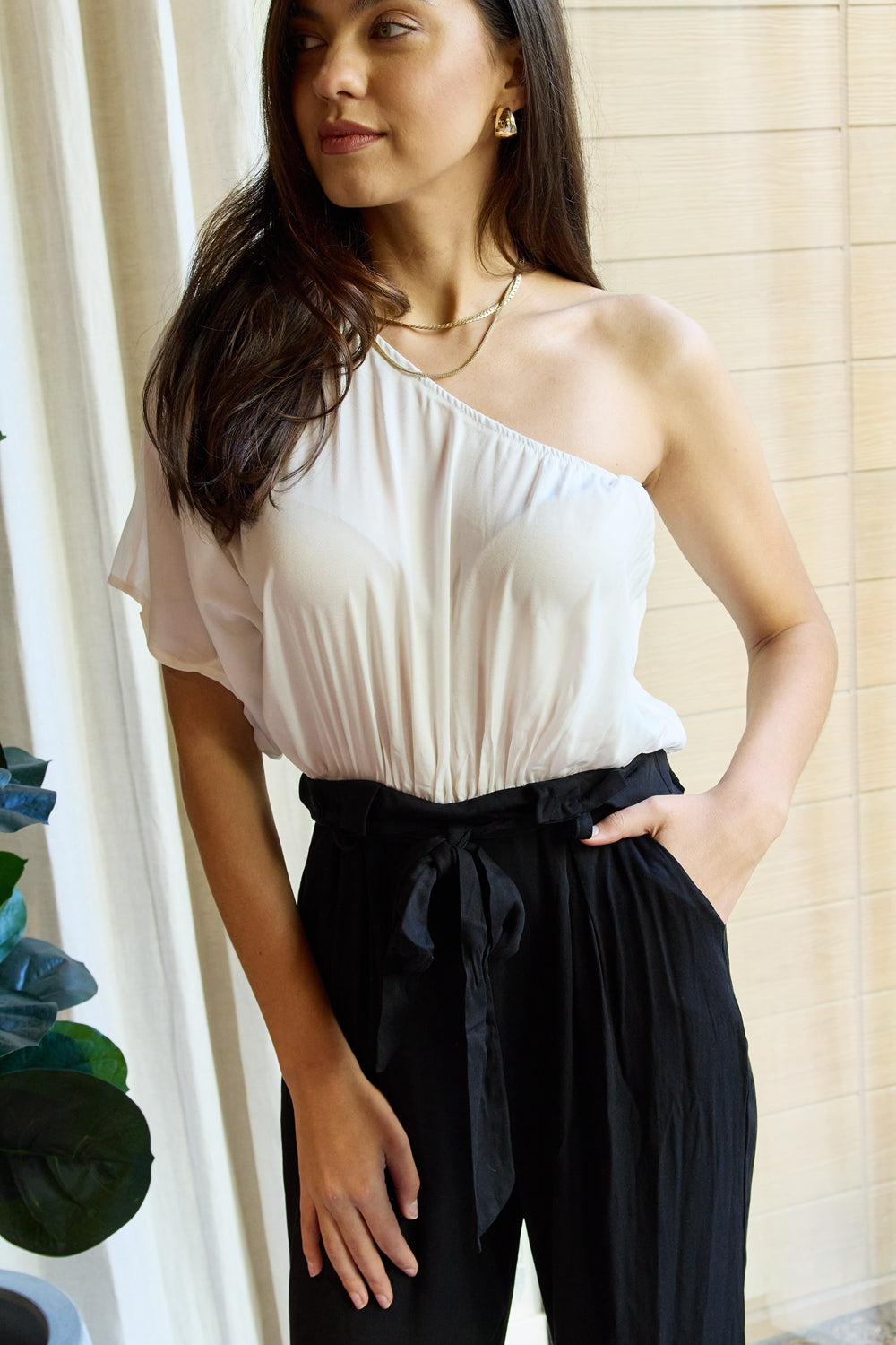 Dress Day Marvelous in Manhattan One-Shoulder Jumpsuit in White/Black 13cafa37d66340b6bbad25ecc1836857-Max