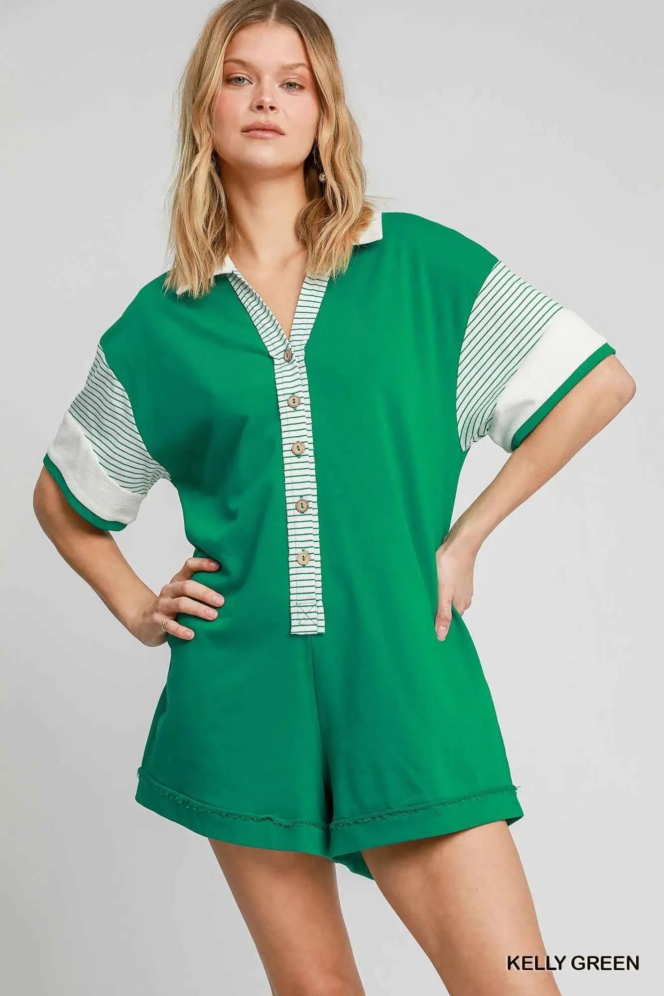 Umgee French Terry Collared Colorblock Romper KELLY GREEN 13cd232a-5c6c-4ad7-ad28-1a8884907ba9-Max-Origin