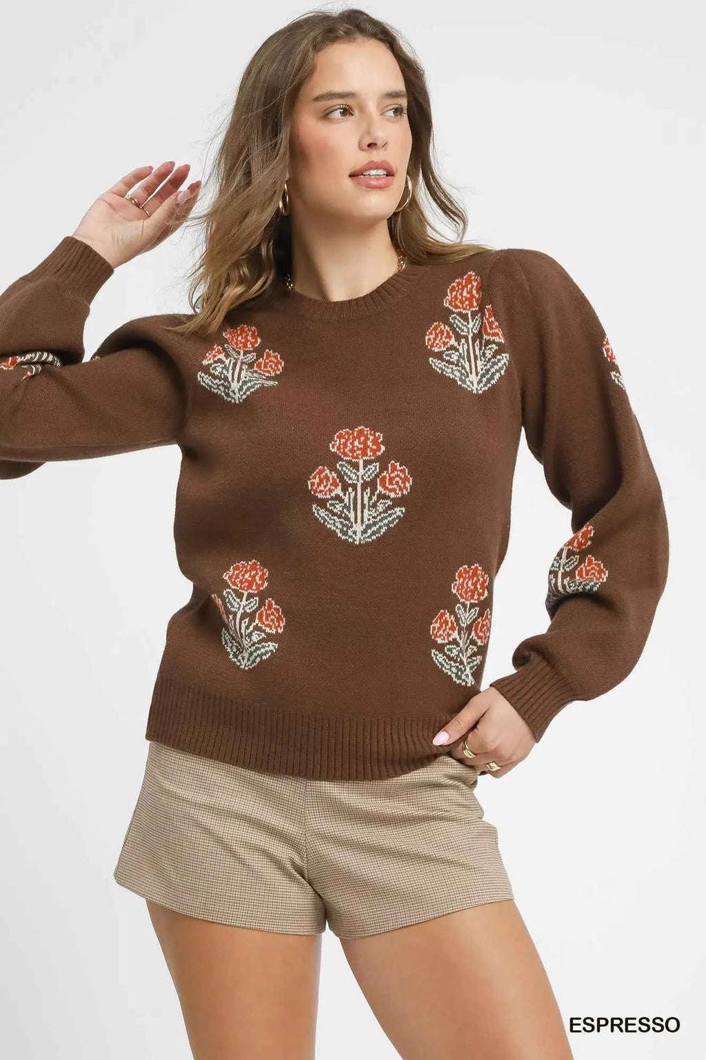 Umgee Floral Knit Sweater with Puff Sleeves ESPRESSO 13ce096d-e9f4-488f-ac5e-b69e73eb47f2-Max-Origin
