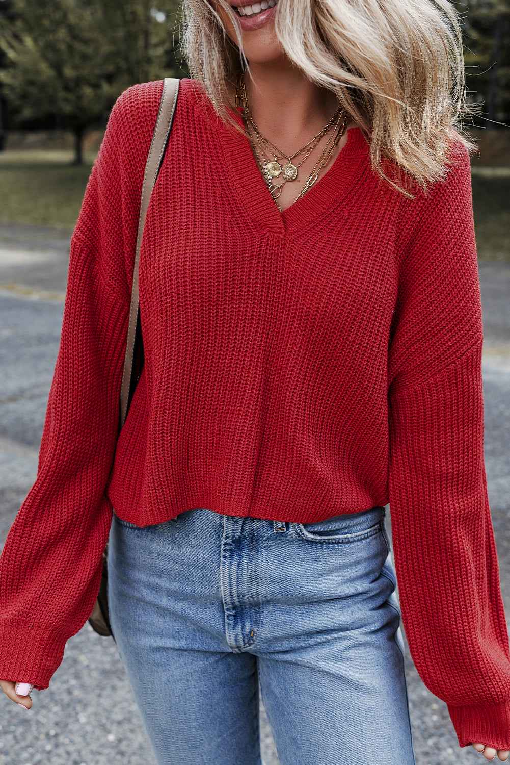 Racing Red Solid Textured Knit V Neck Drop Shoulder Sweater Racing Red 55%Acrylic+45%Cotton 13d0477d10b483ec