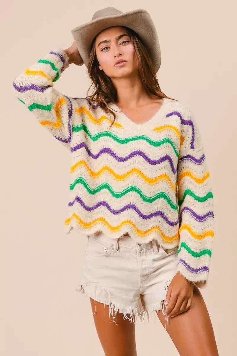 BiBi Mardi Gras Wavy Stripes V-Neck Sweater 13d32cd1424b42d4a2aa31c9587b57c1-Max-Origin