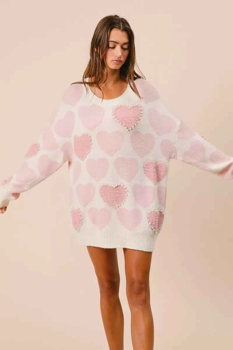 BiBi Heart Pattern Sweater with Pearl Detail 13d6225f331b4602929c0341eade89bc-Max-Origin