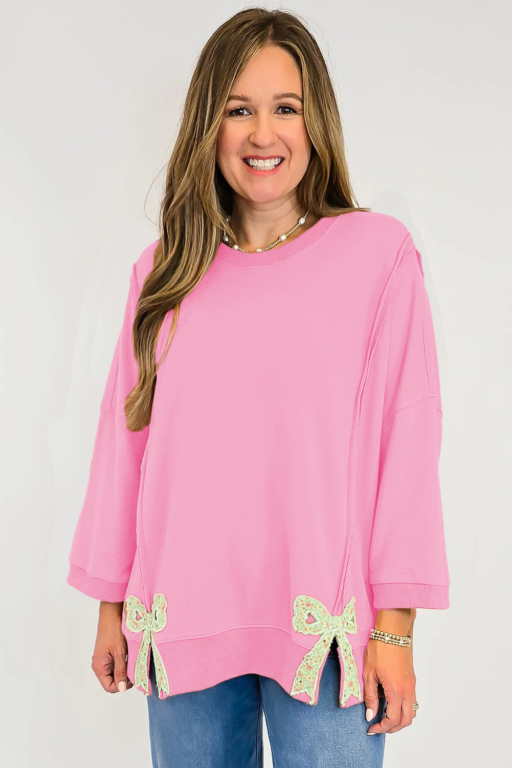 Pink Floral Bow Patched Exposed Seam Patchwork Slit Baggy Sweatshirt 13d6a1e997161f23