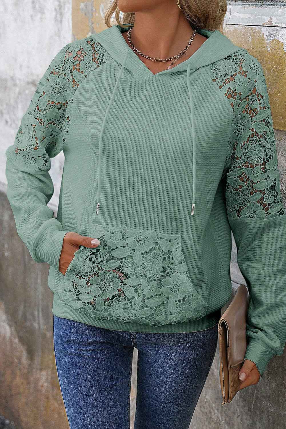 Gossamer Pink Lace Patchwork Raglan Sleeve Kangaroo Pocket Waffle Hoodie 13dbe2dacec6dbc2