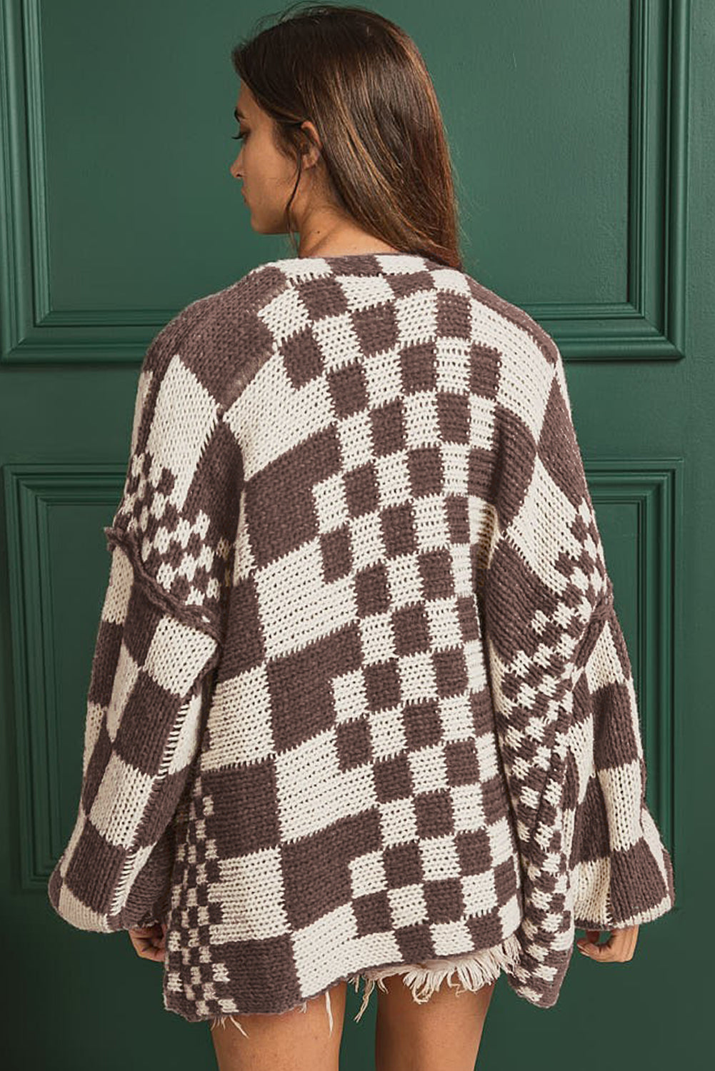 Dark Grey Colorblock Checked Loose Fit Open Front Knitted Cardigan 13e7c40aadf226c5