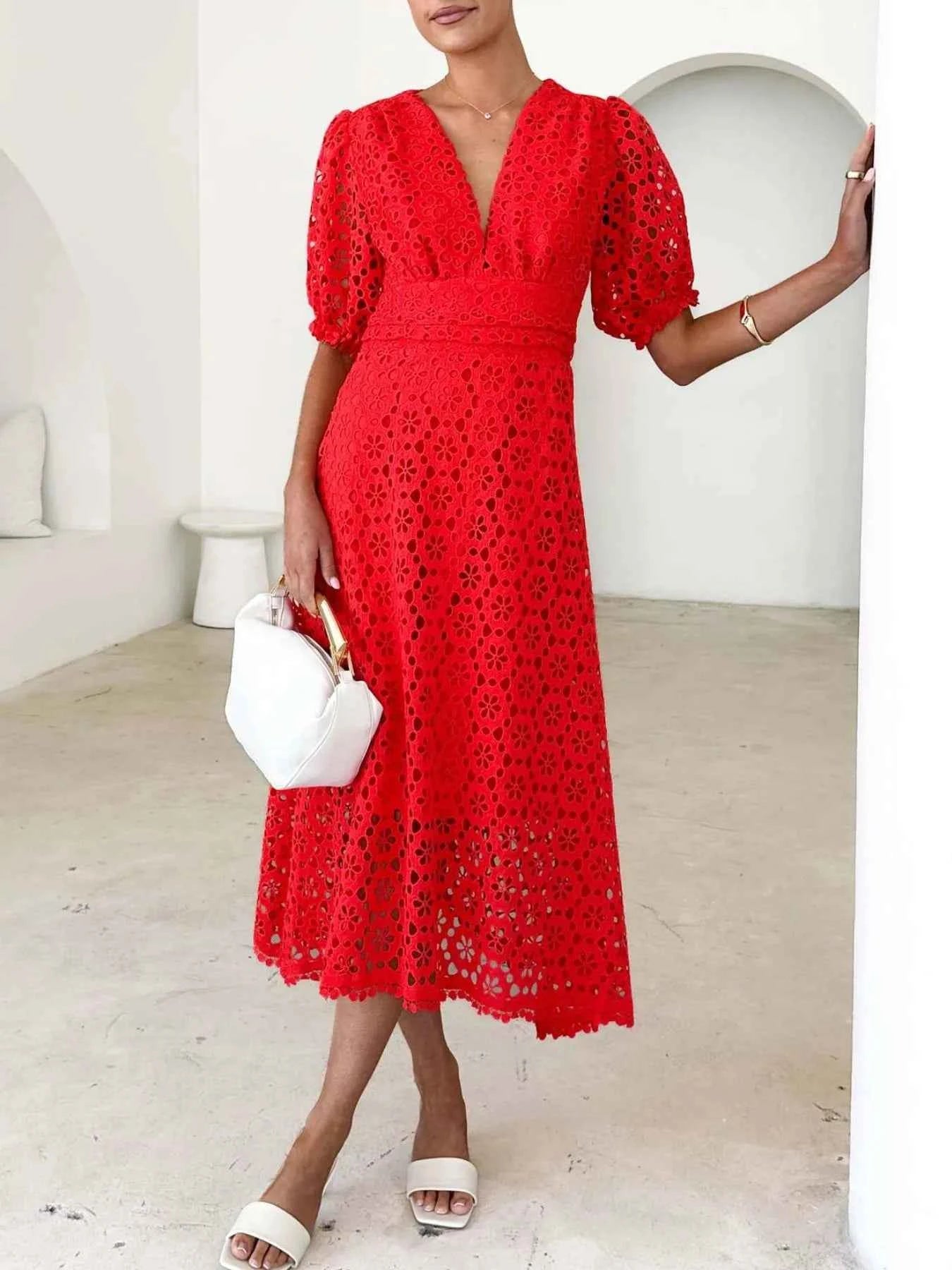 Eyelet Lace V-Neck Midi Dress with Puff Sleeves 13eb84a0-9f27-4e57-bd76-7cc1147df670-Max-Origin