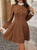 Button-Front Long Sleeve Dress Brown 13ec2769aa9540f792fb592678497d9f-Max-Origin