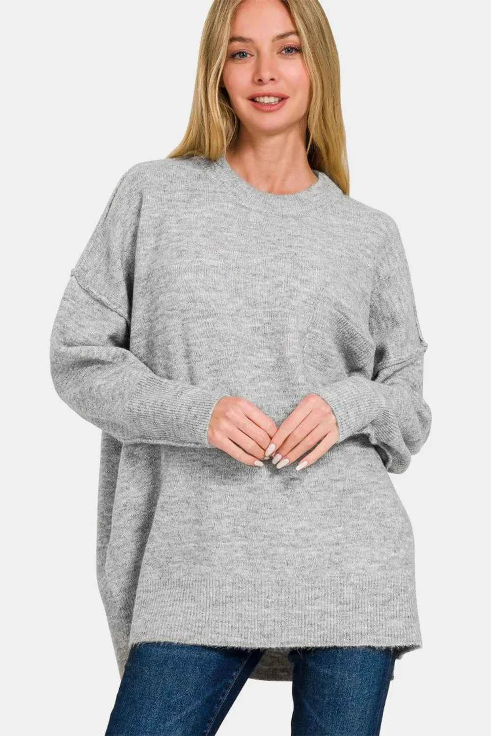 Zenana High-Low Hem Drop Shoulder Sweater Grey 13efd499-d798-45fc-98c4-e1ffca635ddb-Max