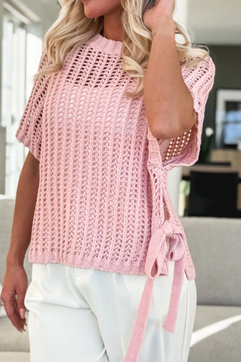 Hollow-out Crochet Side Tied Short Sleeve Knit Cover Up Blush Pink 13f1891d-ad82-4552-96f1-5643fa64c59f-Max-Origin