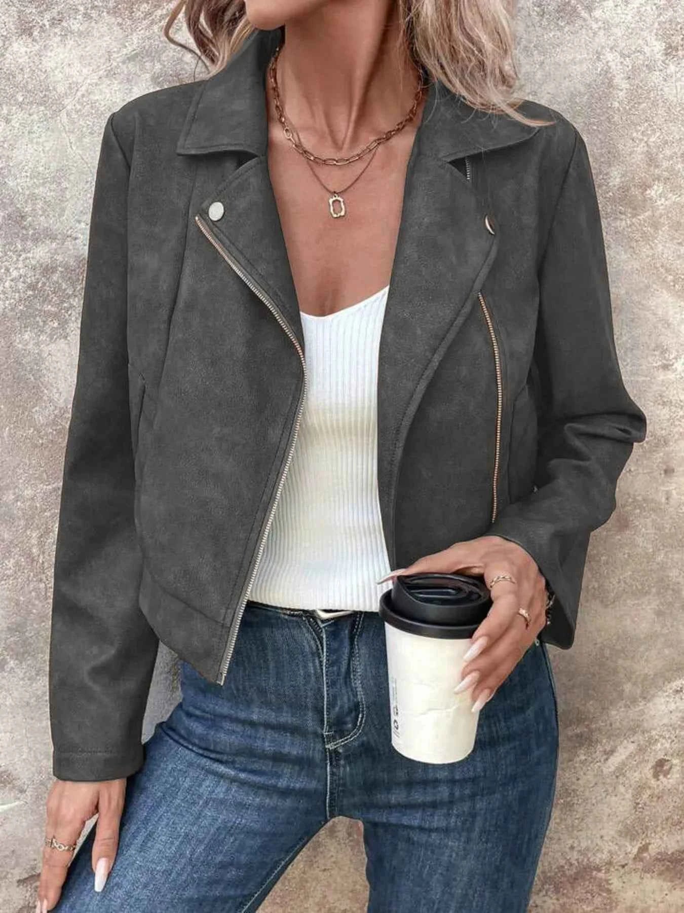 Zip Up Suede Cropped Moto Jacket