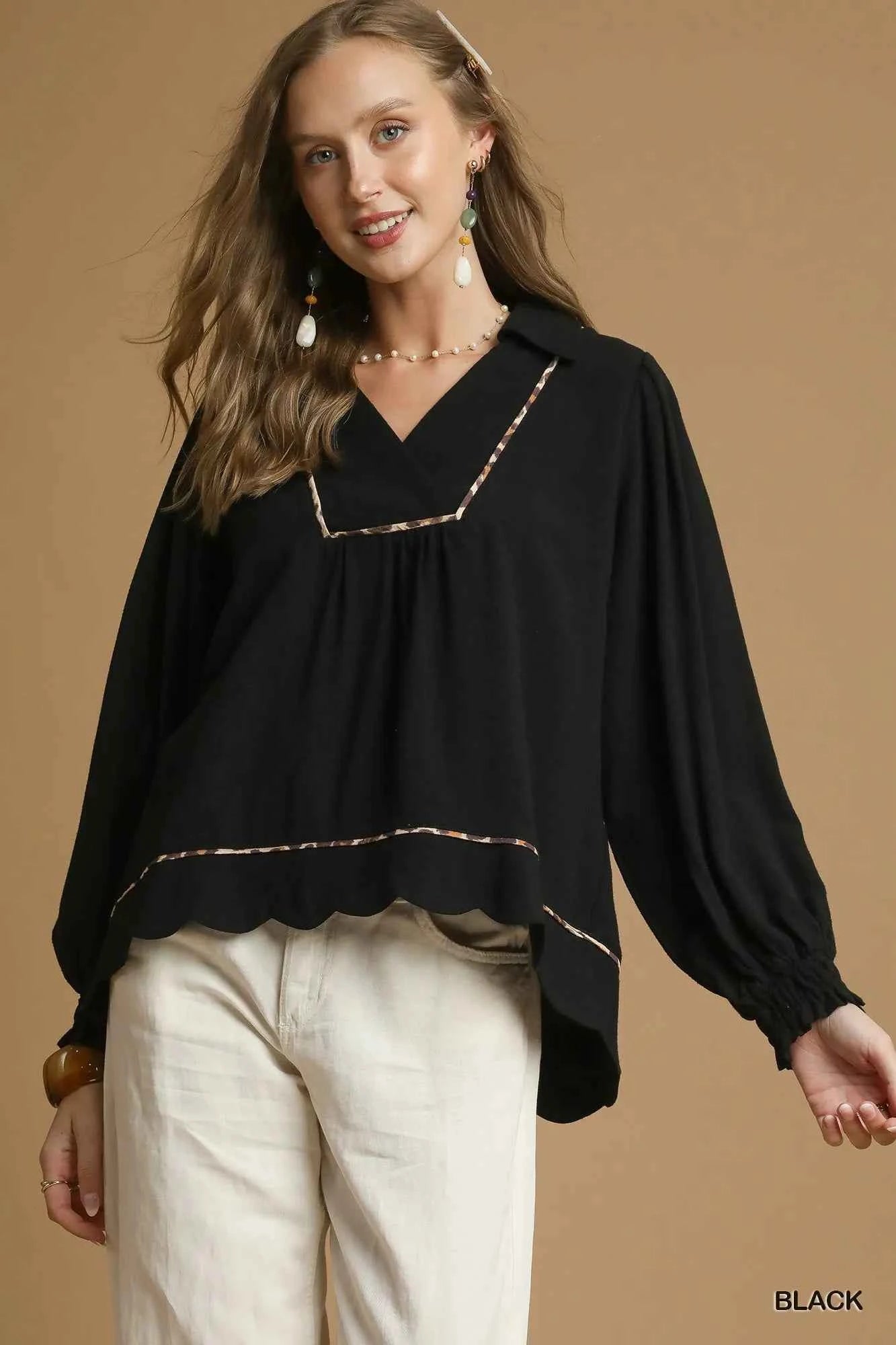 Umgee Full Size Linen Scallop Hem Blouse with Contrast Trim Plus Size Black 13f3b6a8-8c1b-4484-9ca5-5705c46c42c5-Max-Origin