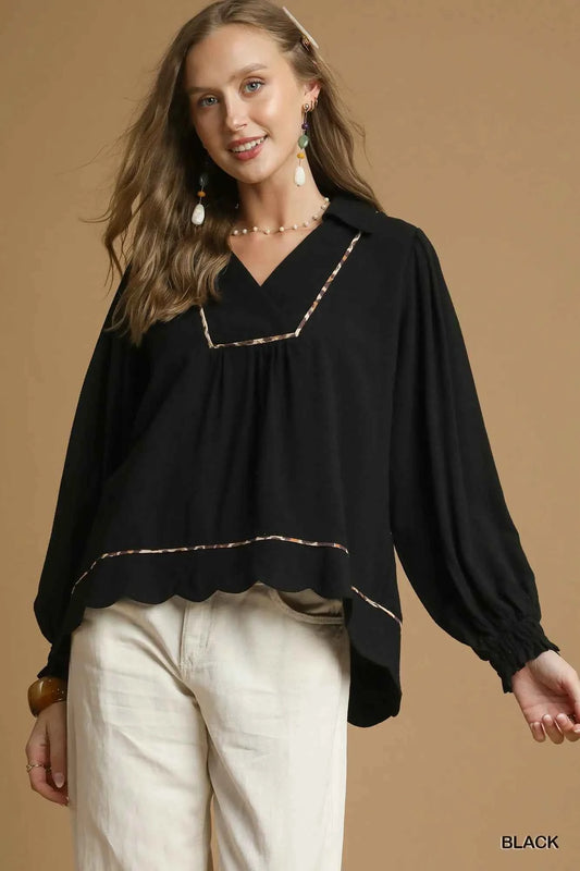 Umgee Full Size Linen Scallop Hem Blouse with Contrast Trim Plus Size Black 13f3b6a8-8c1b-4484-9ca5-5705c46c42c5-Max-Origin