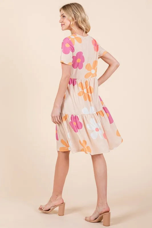 Floral Round Neck Short Sleeve Tiered Dress - Ruched Opaque 13f42902-45c5-433e-832b-ea5ed1cbc52d-Max