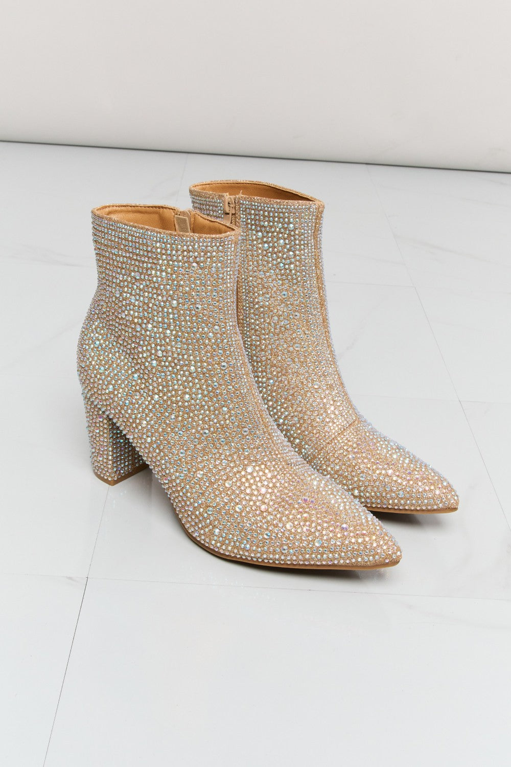 Forever Link Rhinestone Pointed Toe Mid Block Heel Booties 13f45053c6b1482e9f927797f0e75161-Max