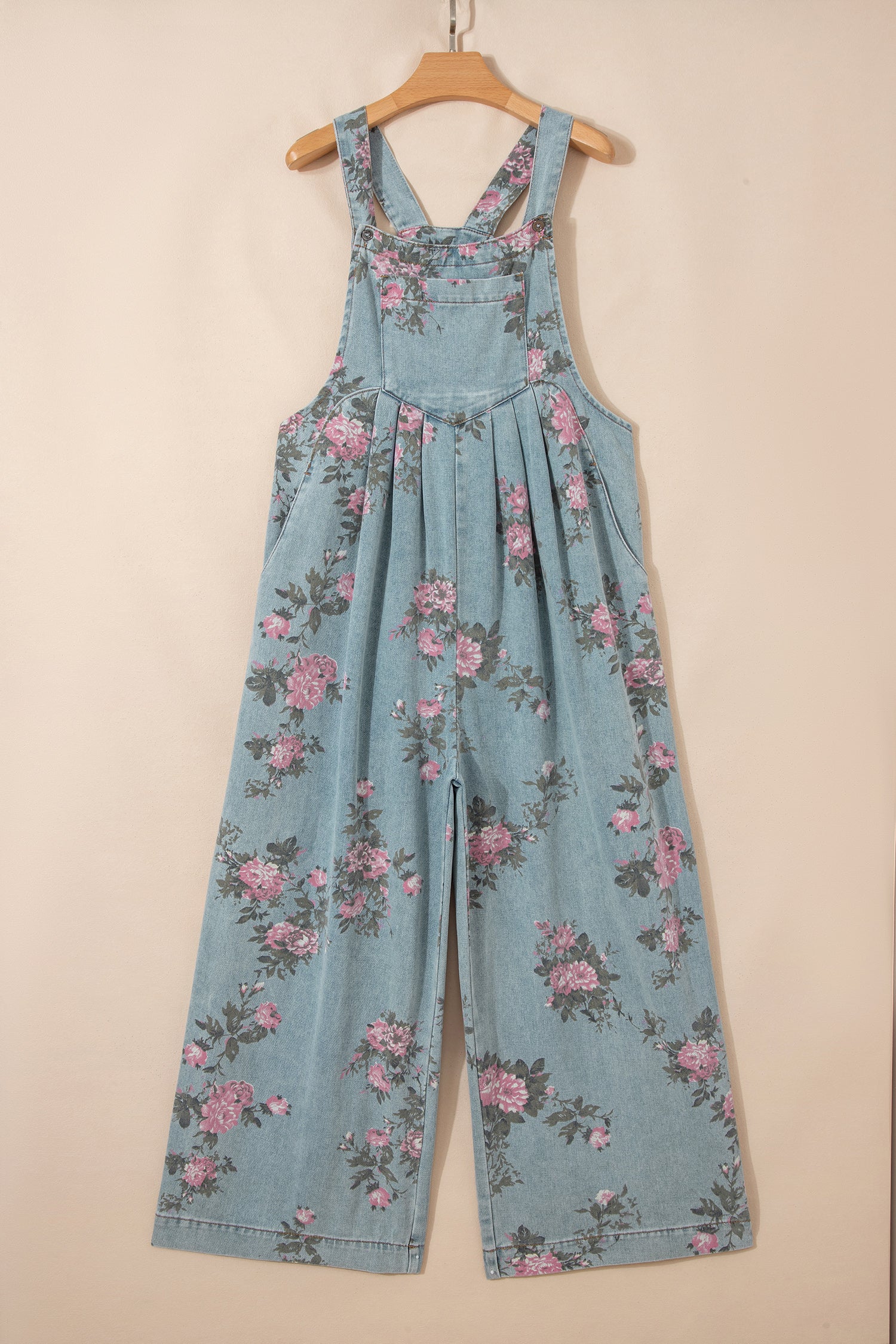 Beau Blue Floral Print Pleated High Waist Wide Leg Denim Jumpsuit 13f4a76976f51059