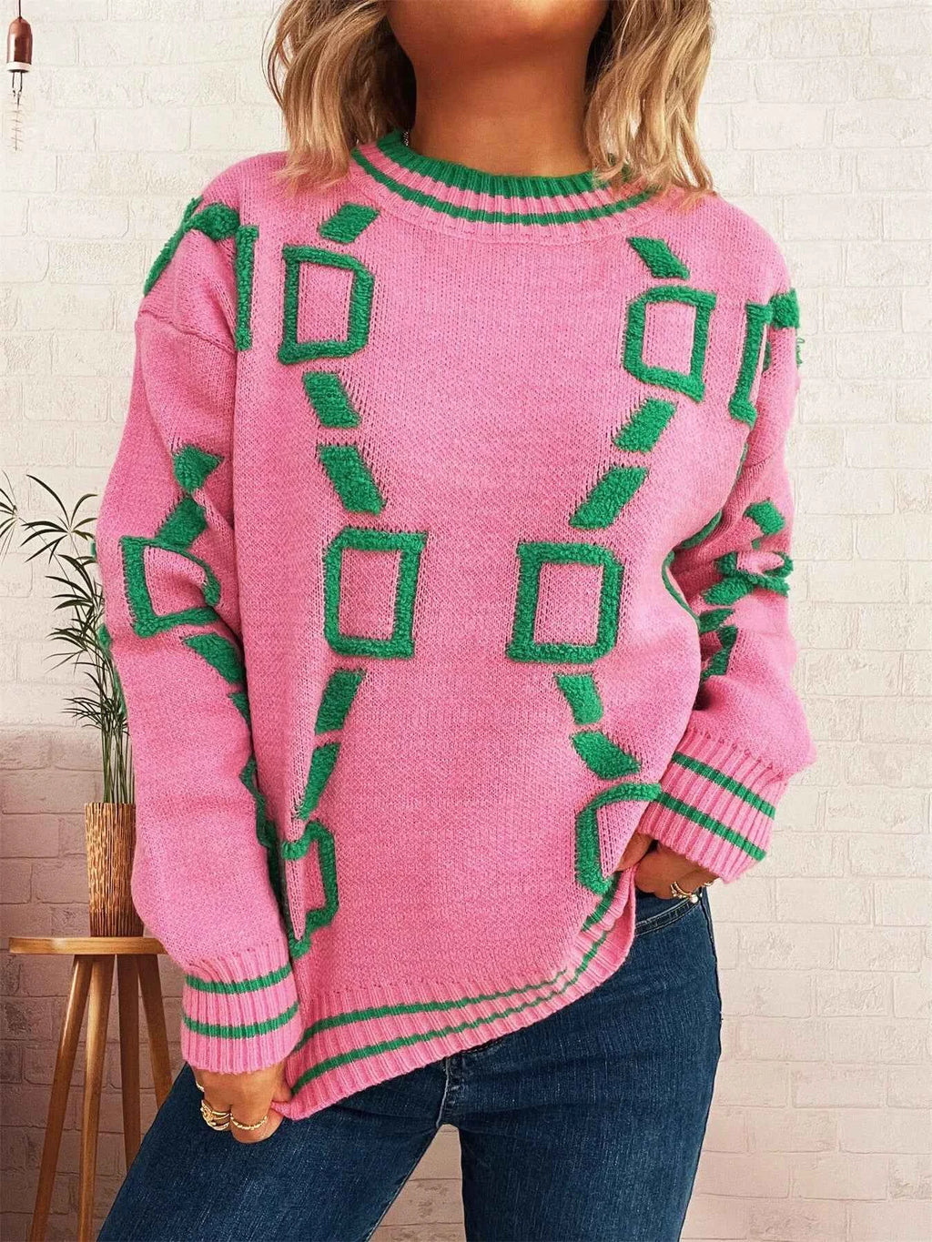 Contrast Round Neck Long Sleeve Sweater 13f9c7d120954fbf95096da77f056a7d-Max-Origin