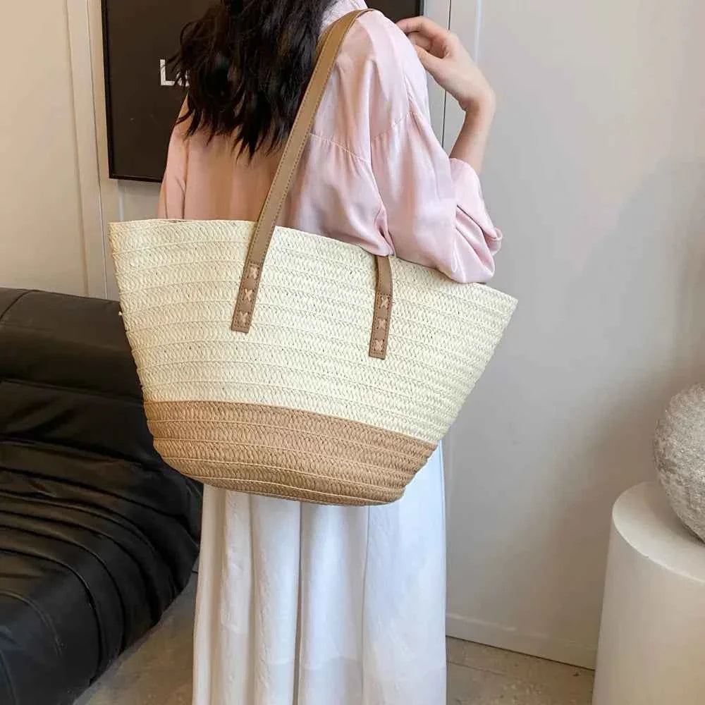 Contrast Straw Braided Handbag Beige One Size 13faff84-d8cb-4b42-877c-820f81d107b9-Max