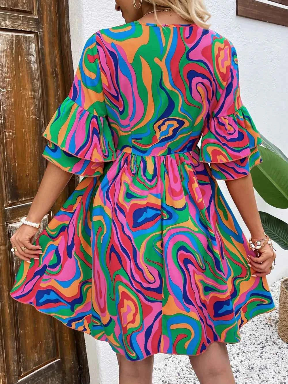 Ruffled Printed V-Neck Half Sleeve Mini Dress 13ffae9c-4468-44dc-b2c5-5028ee8fc92e-Max