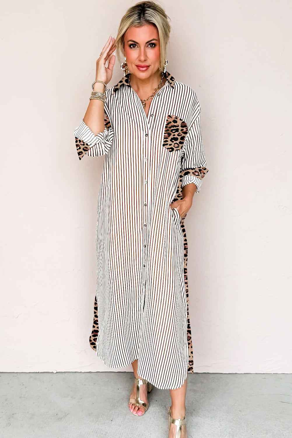 Brown Stripe Contrast Leopard Patchwork Shirt Dress 1400cf80a5cb4870