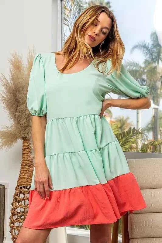 BiBi Two-Tone Balloon Sleeves U Neck Tiered Ruffle Hem Mini Dress 140422abd17f43a3884a121a9ca11797-Max-Origin
