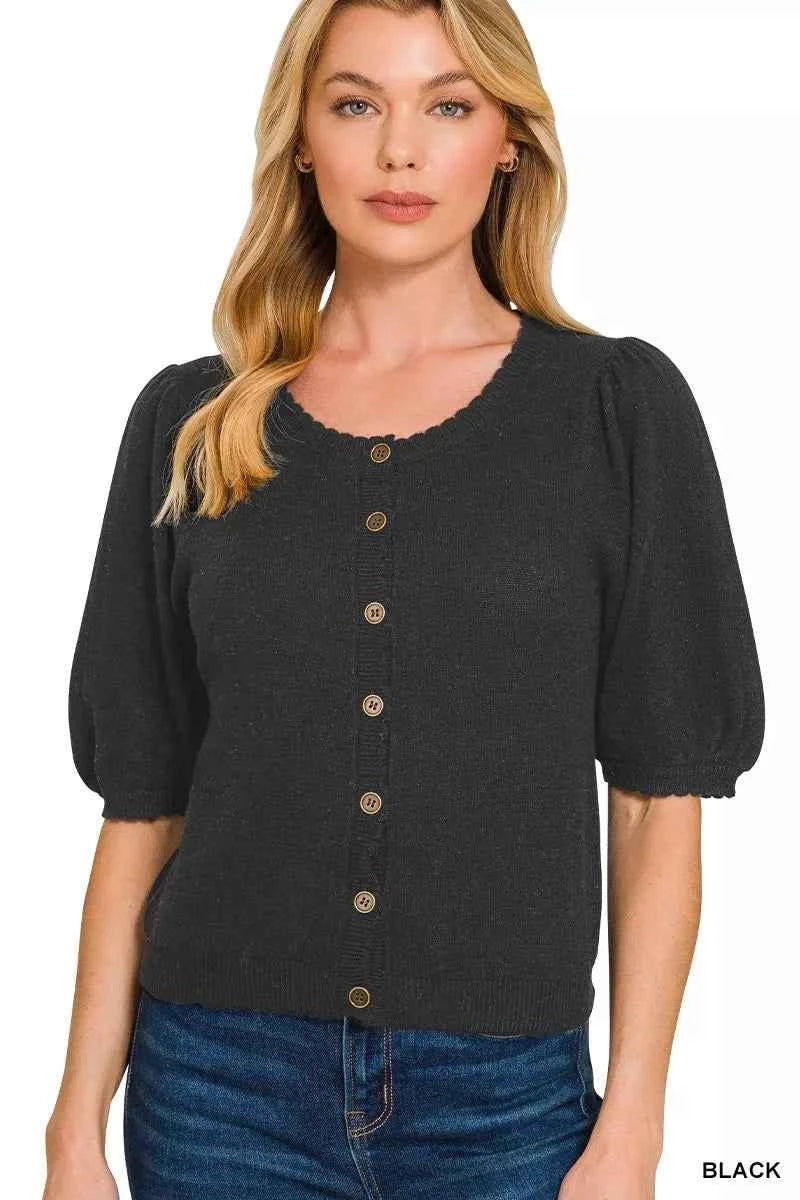 Zenana Puff Sleeve Wool Sweater Cardigan BLACK 140588f846b24e508d159f66637327c6-Max-Origin