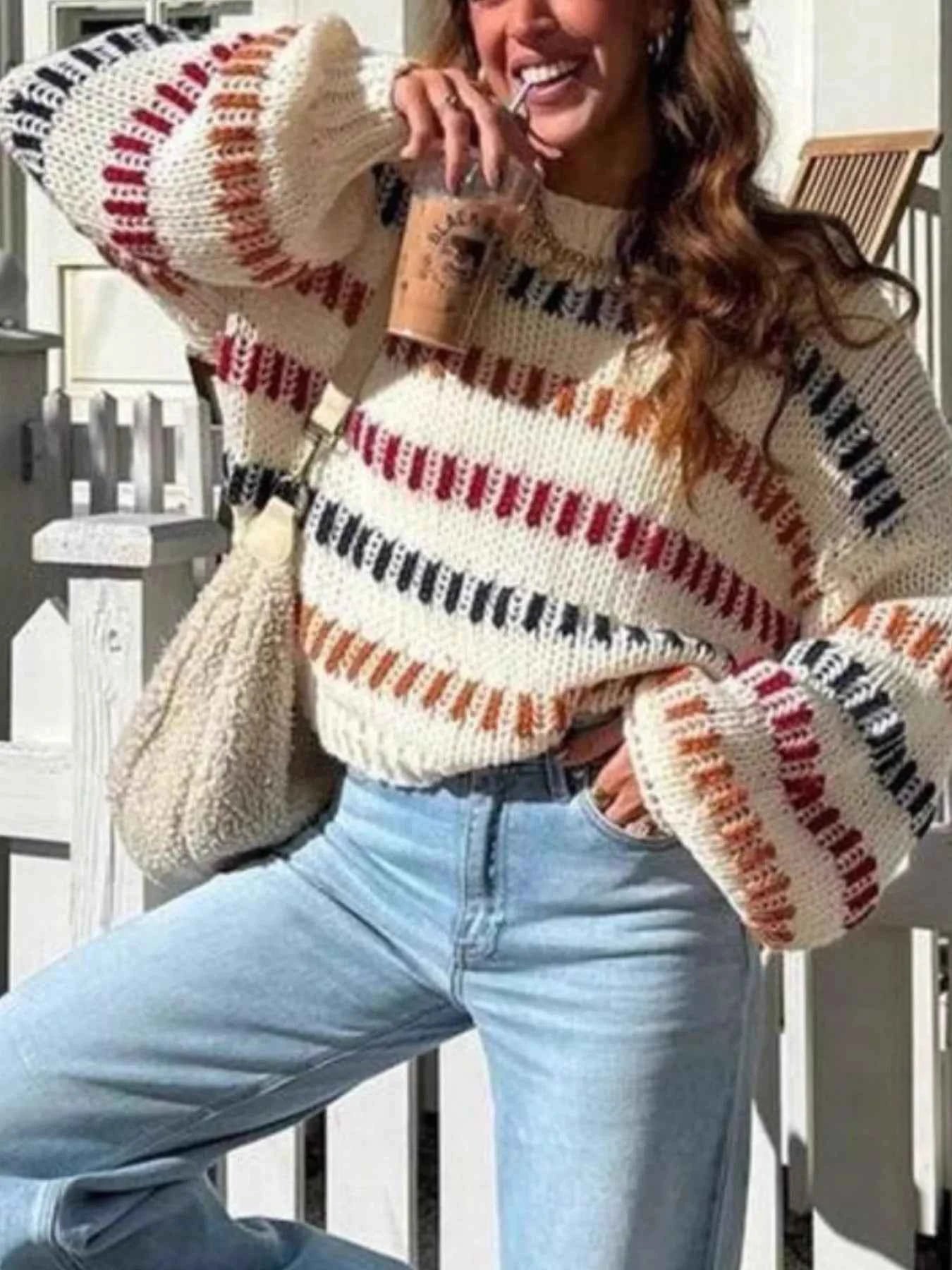 Striped Round Neck Long Sleeve Sweater 1409660a-2ca5-4d8c-814f-7cfbdf4f6441-Max-Origin