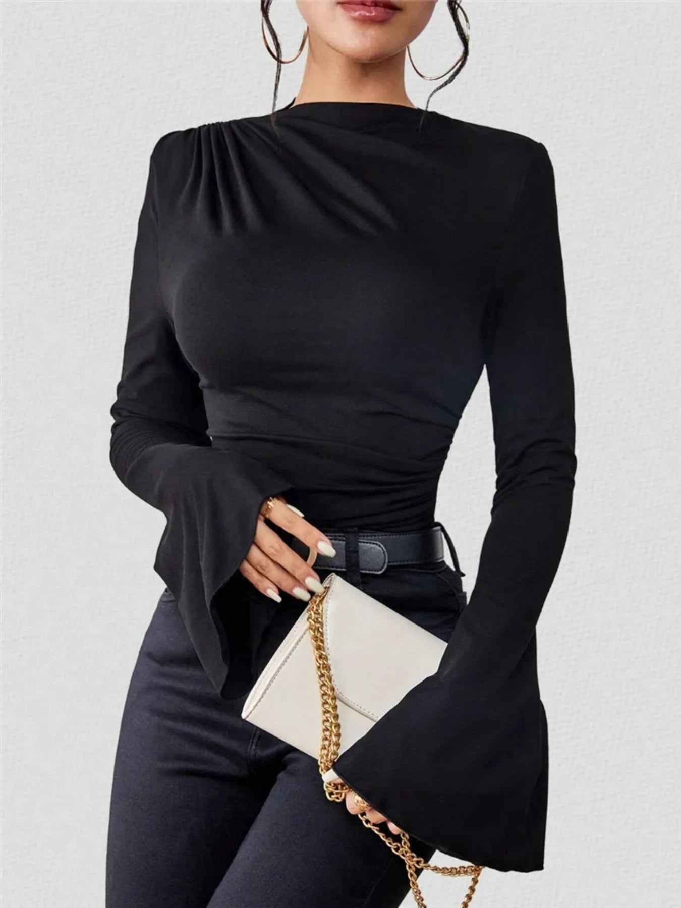 Bell Sleeve Ruched Fitted T-Shirt with Mock Neck Black 14116788a7ea429da55542d910037fbd-Max-Origin