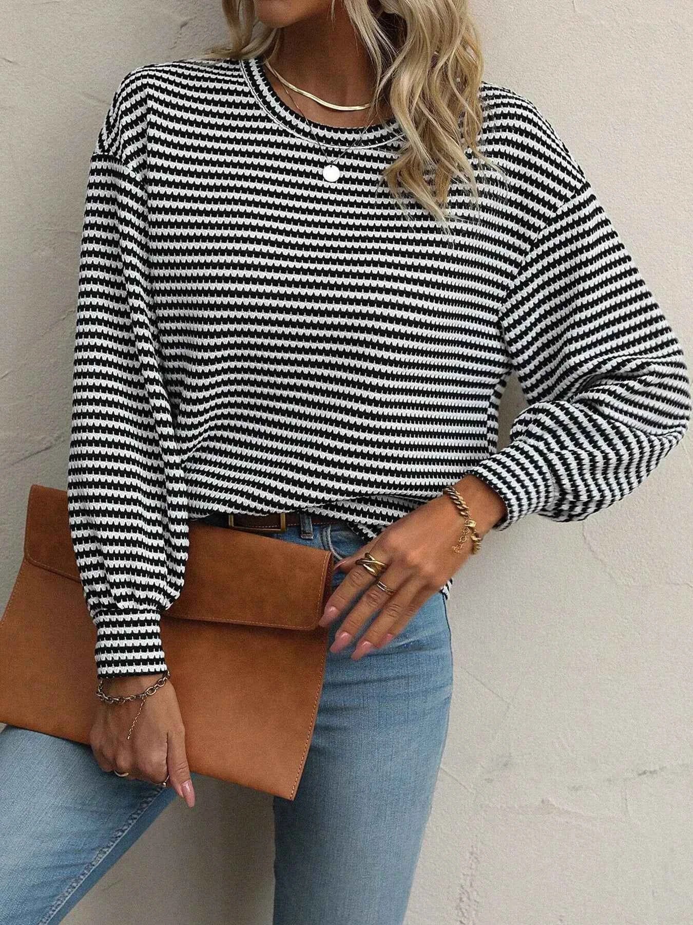 Striped Round Neck Lantern Sleeve Top Black 1422fa39cb2e453d848c9103d5b69073-Max-Origin