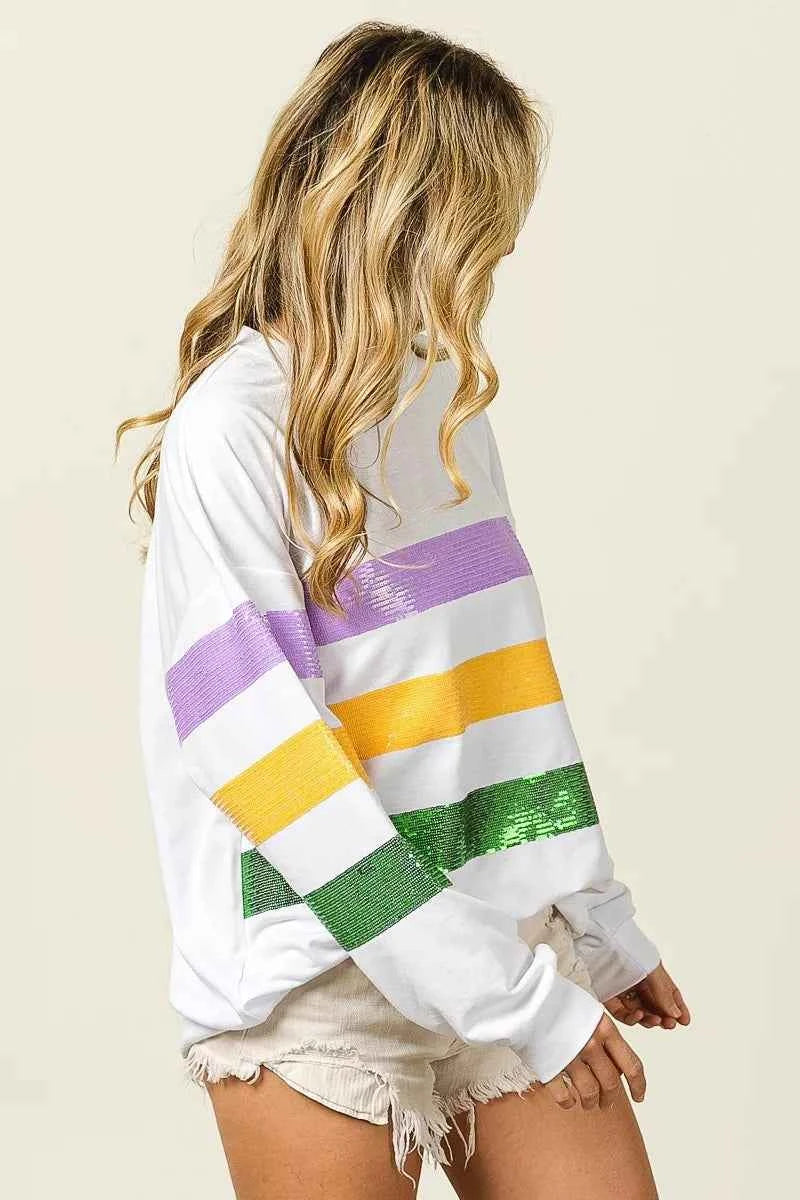 BiBi Sequin Mardi Gras Striped Round Neck Sweatshirt 14245cf3897b4b93b1a8783d9fa03dab-Max-Origin