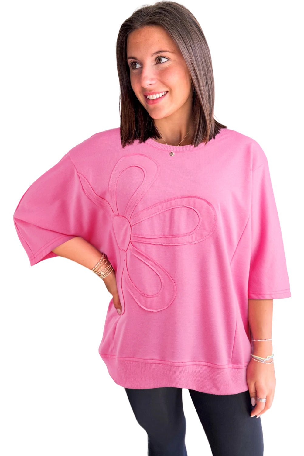Clearly Aqua Solid Color Floral Patched Half Sleeve Tunic Top 1426f8f8e7d10795