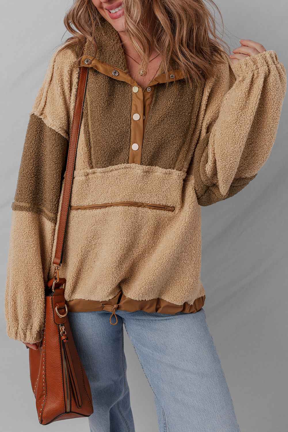 Straw Yellow 2-tone Color Block Patchwork Half Button Sherpa Sweatshirt 1428229df9619c57