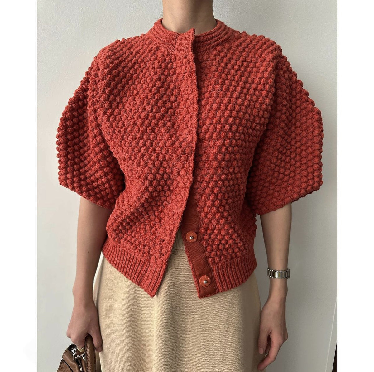 The Hidden-Button Cotton Short-Sleeve Cardigan red 142D00B53B6161BCA2F5F626396D65B4