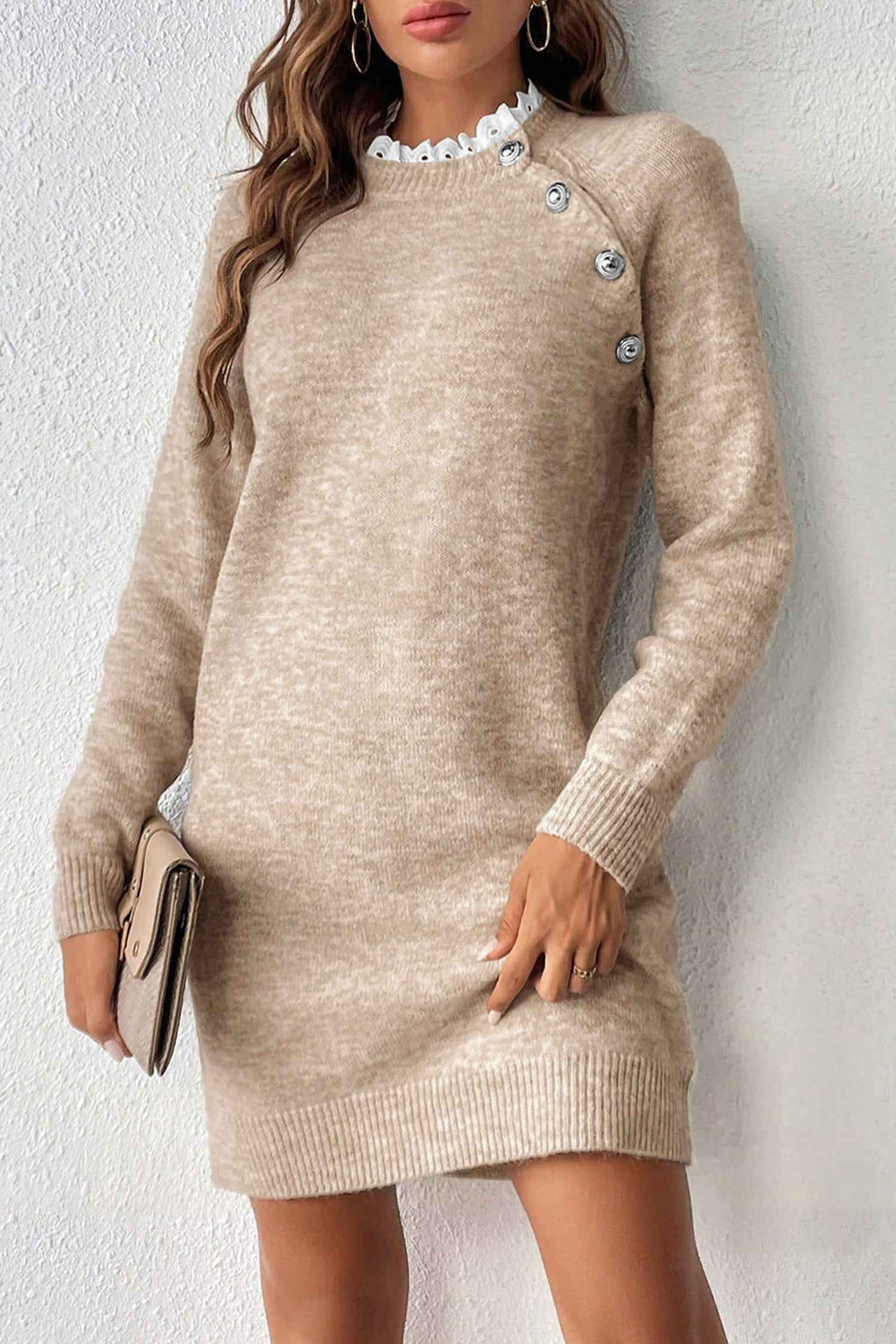 Parchment Button Lace Detail Raglan Sleeve Shift Mini Sweater Dress 1431bc069beccf49