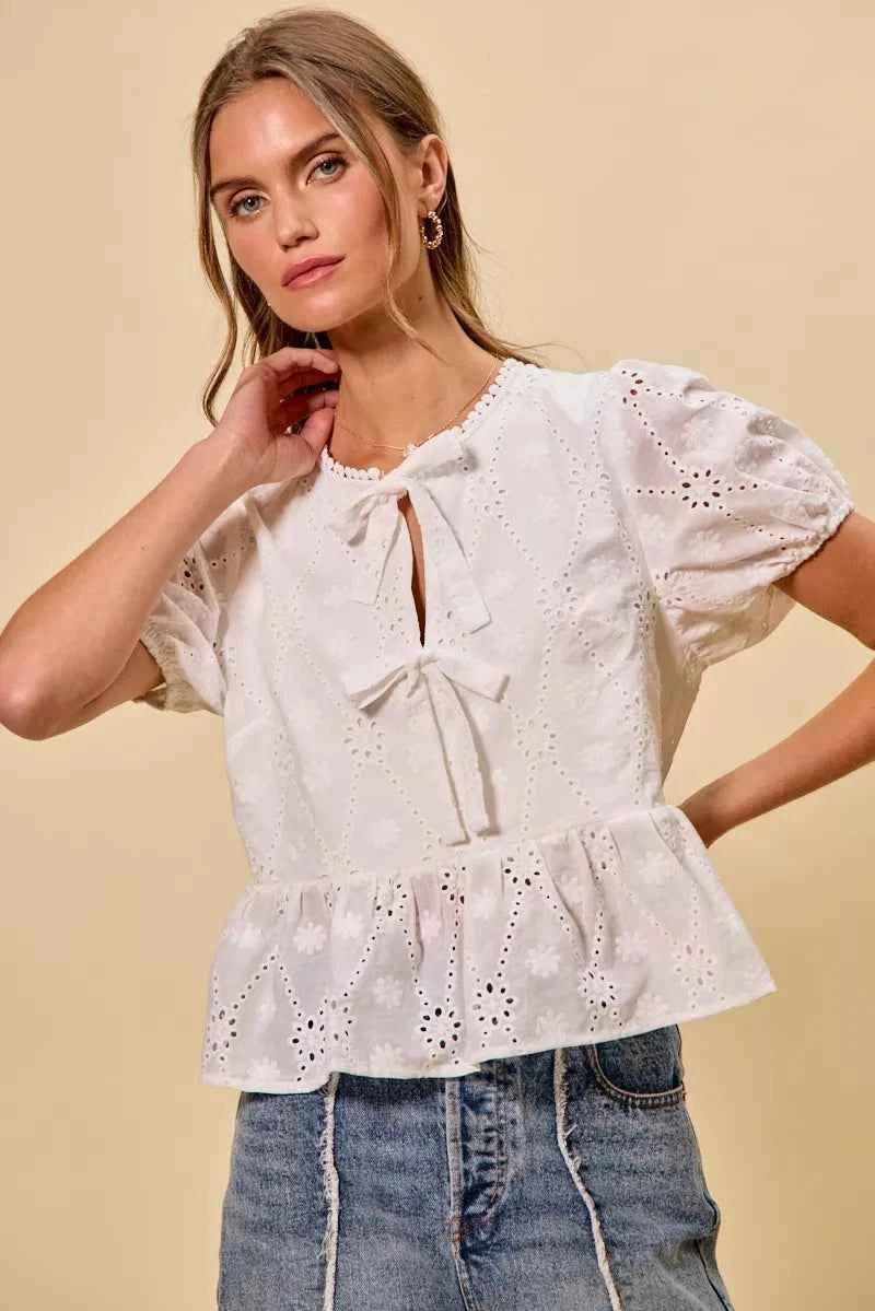 SO ME Cotton Eyelet Front Tie Short Sleeves Blouse 1434d877f26f4844a21f104a1758d0e6-Max-Origin