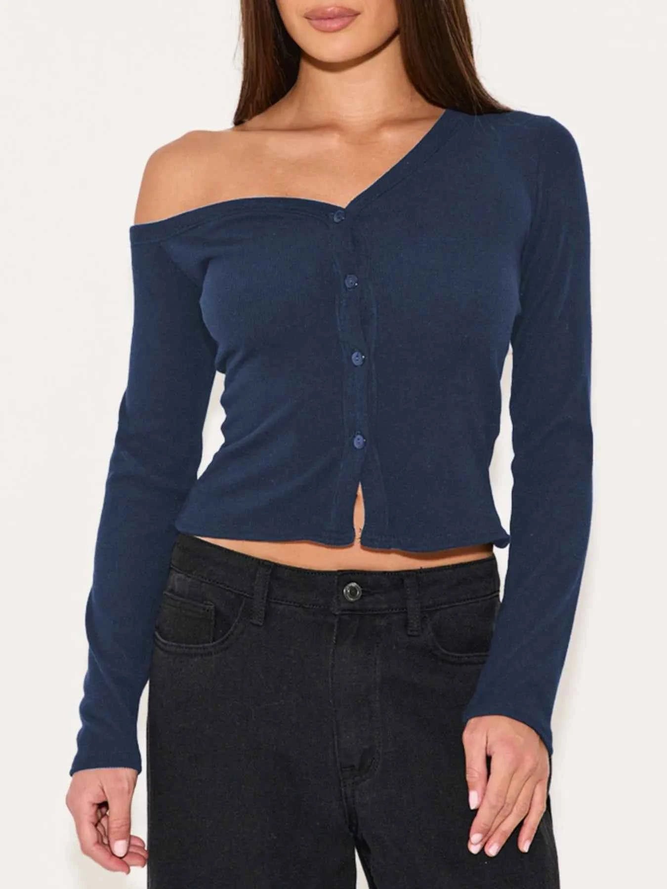 Asymmetrical Neck Button Up Cardigan Navy 14381107-a29c-485b-8fc6-3a4adb73fa7a-Max-Origin