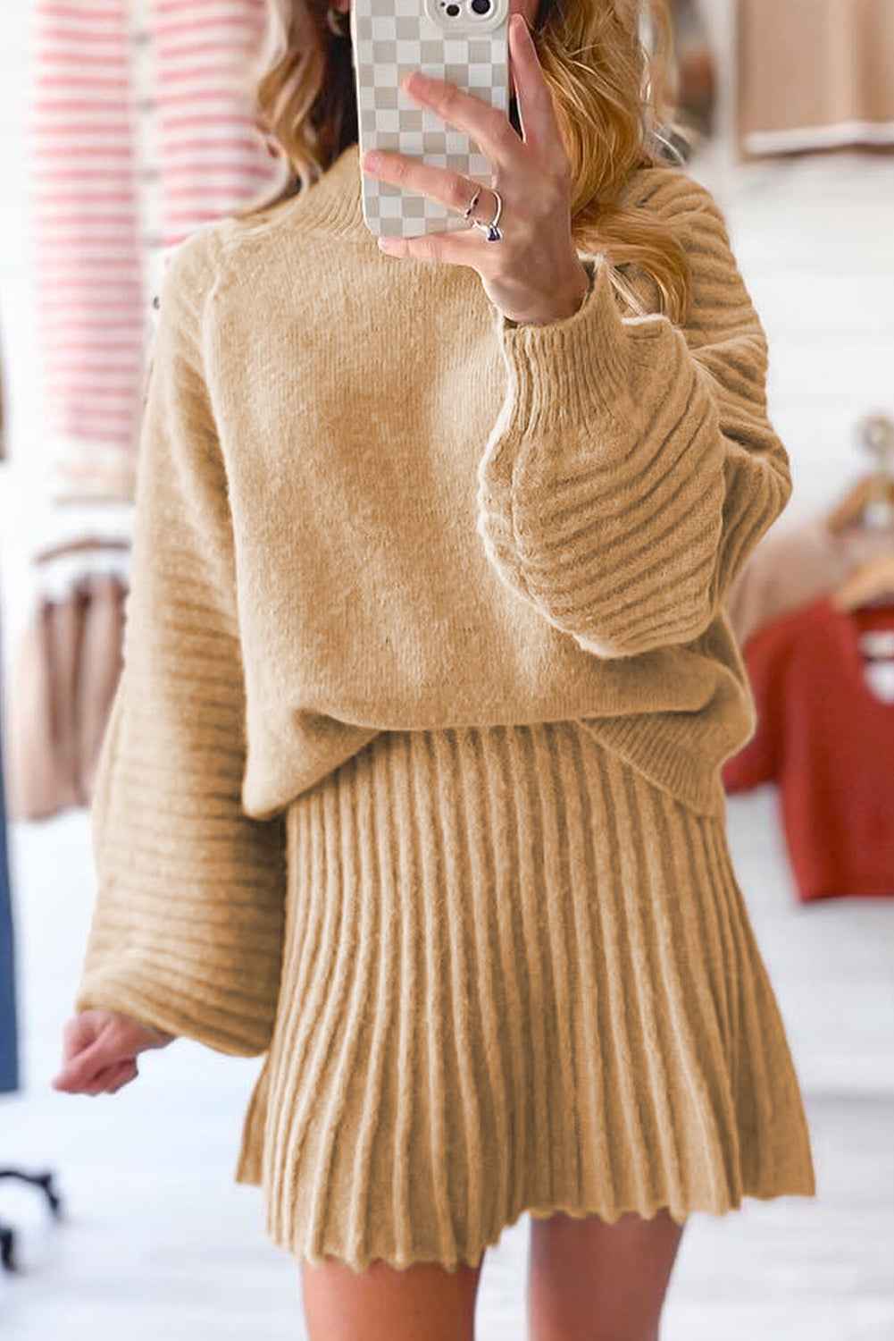 Black High Neck Puff Sleeve Sweater Pleated Mini Skirt 2pcs Knitted Outfit Smoke Gray 50%Acrylic+27%Polyester+23%Polyamide 143816fb939f9861