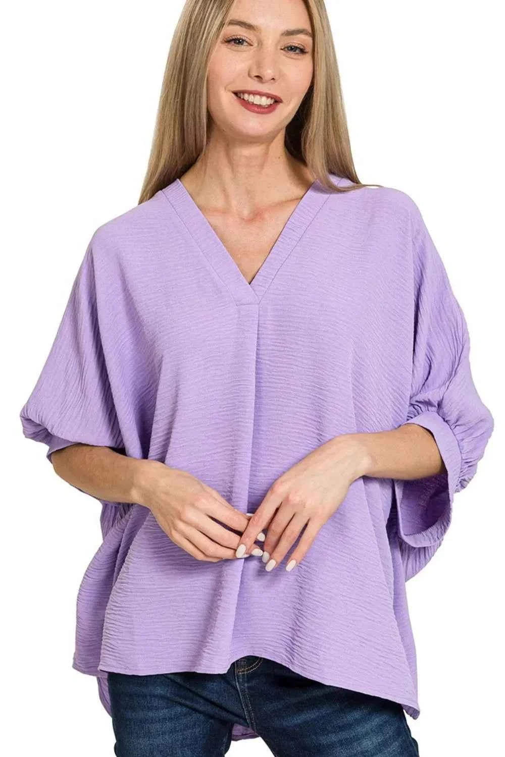 Zenana Woven Airflow V-neck Puff Half Sleeve Top 143a8dae-4bd7-4f58-84a8-cf66a9dc6c68-Max-Origin
