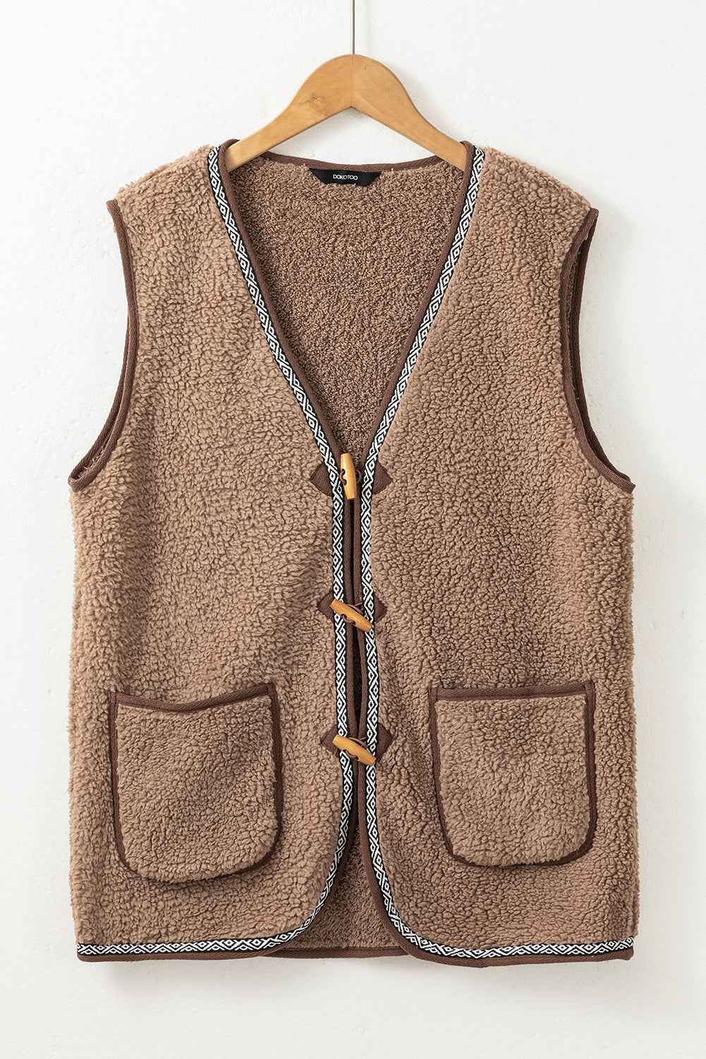 Dark Khaki Sherpa Contrast Trim Patch Pocket Cartridge Toggle Button Vest 143bb1dbcec5b87b