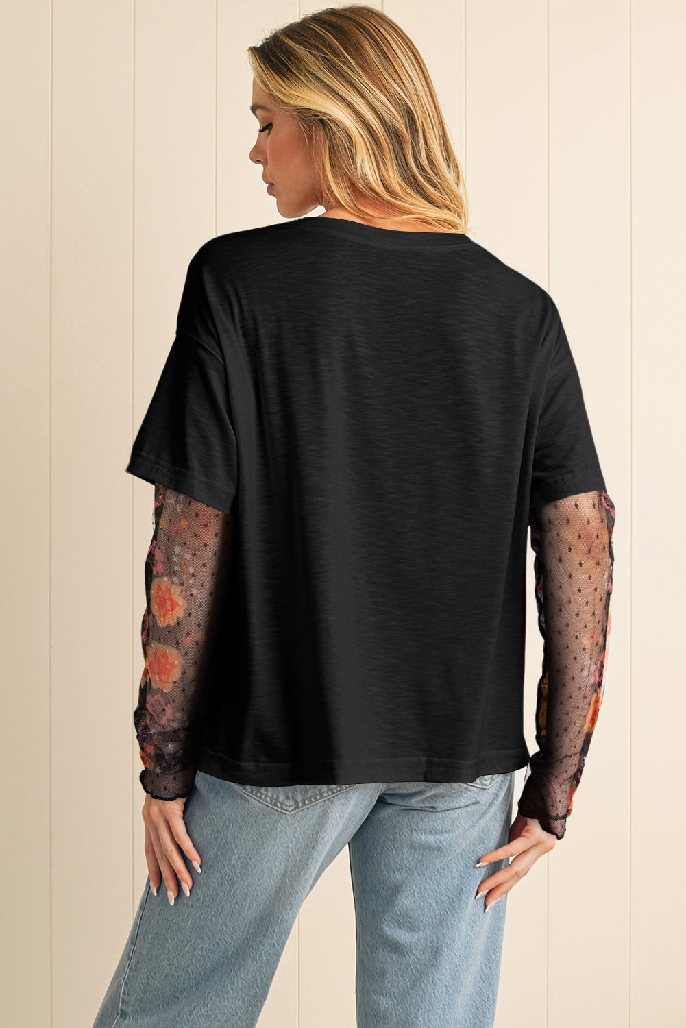 Black Floral Mesh Sleeve Fake Two-Piece Top 14406157245de363