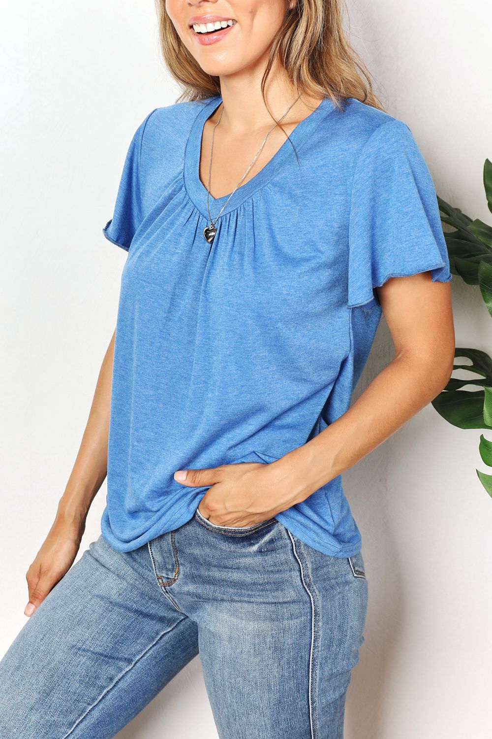 Double Take Ruched V-Neck Short Sleeve T-Shirt 14413f2ae6b547818108a1907de86e5c-Max