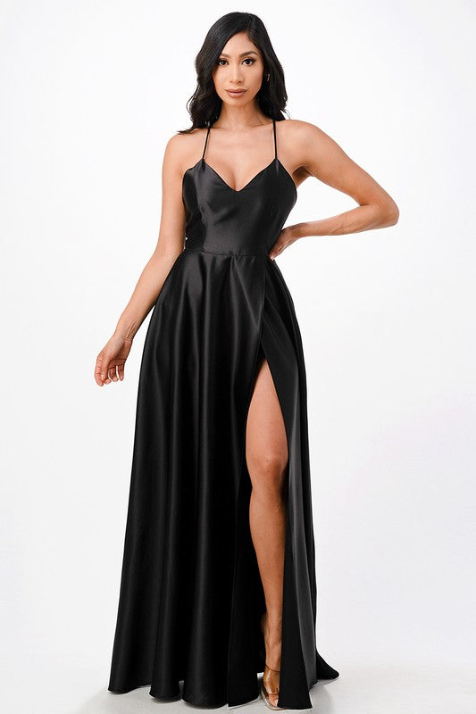 open side back spaghetti zig zag tie satin gown Black 14490112_aee98955-6196-4c09-934c-5395586cf930