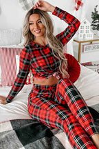 Red Festive Plaid Print Round Neck Long Sleeve and Pants 2 Piece Lounge Set 1449bf0c1afd2d5d