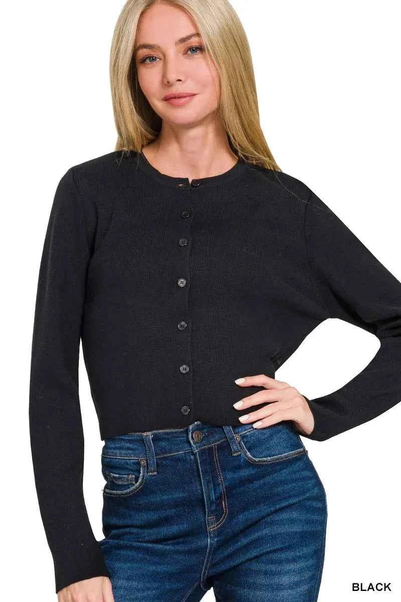 Zenana Button-Front Crewneck Long Sleeve Cropped Cardigan BLACK 144b3f723cea4306ac4443b743d86cc1-Max-Origin