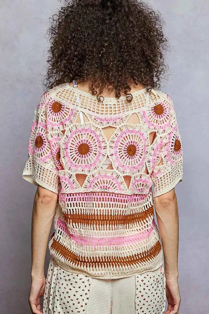 Weave Pattern Short Sleeve Crochet Top with Border Accents 144cfe08-1385-4236-ad68-5e5efc515240-Max-Origin