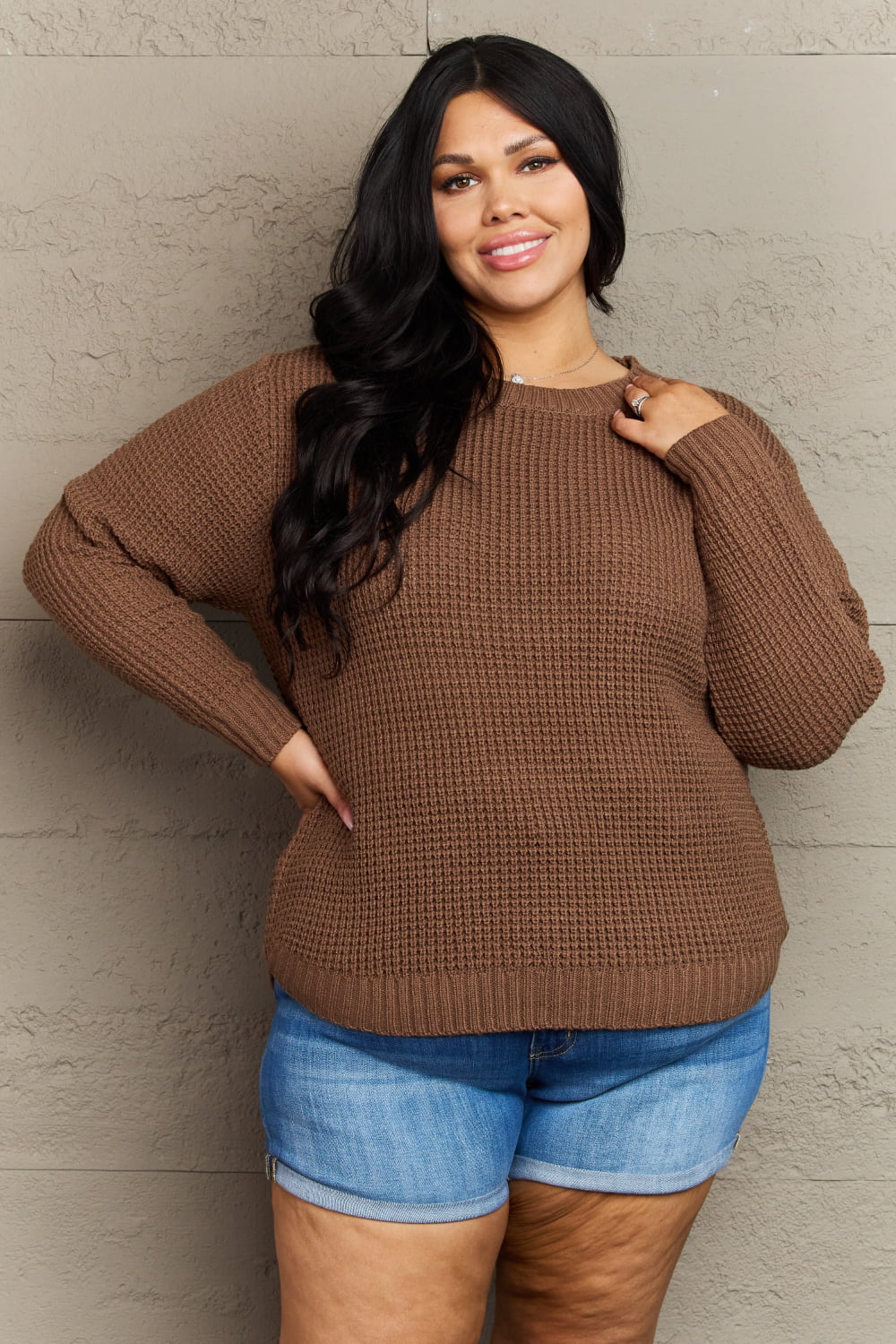 Zenana Breezy Days Plus Size High Low Waffle Knit Sweater Brown 144d29bd7c3c41c0bd8a1a1e0ba36606-Max
