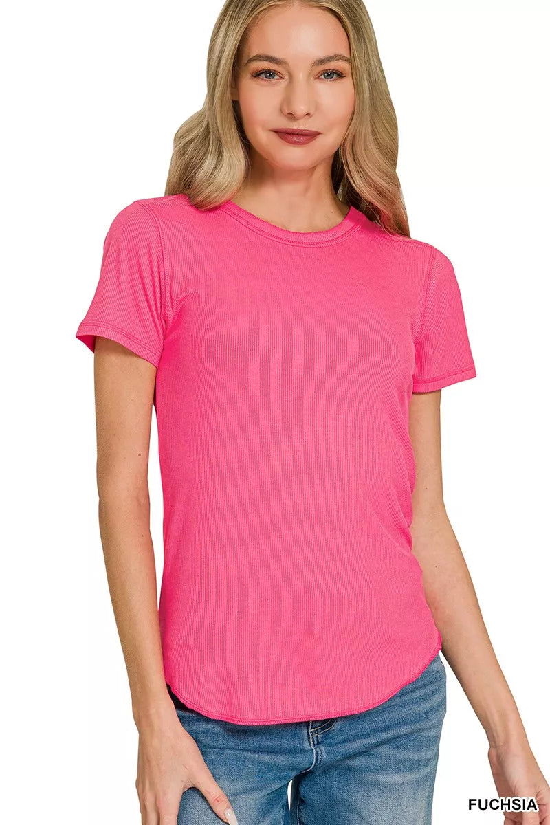 Zenana Ribbed Curved Hem Round-Neck Tee FUCHSIA 1450ad5441614335ac60c2583c97467b-Max-Origin